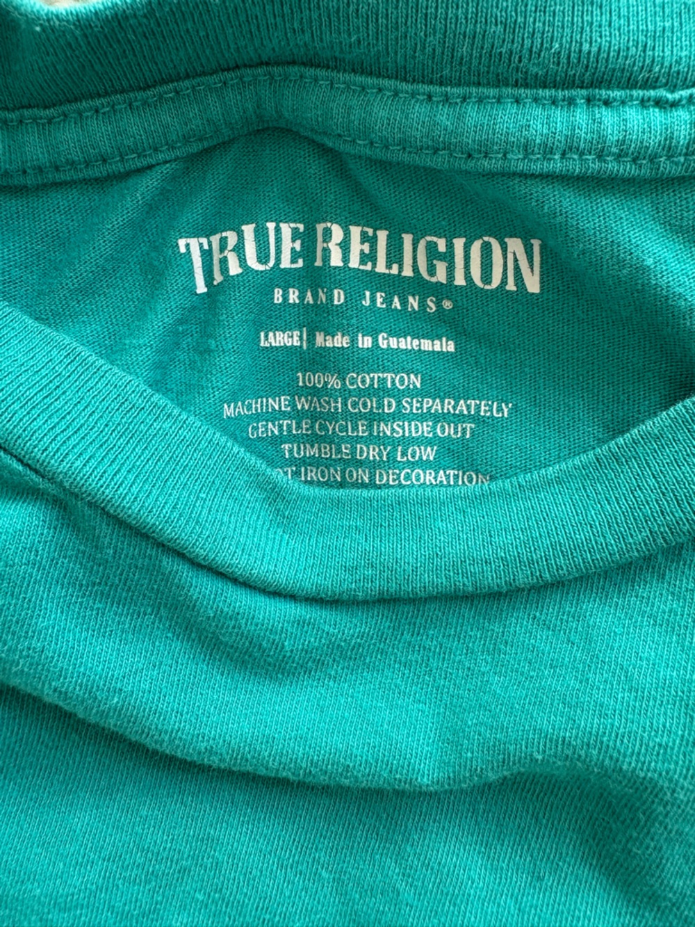 True Religion Teal Crewneck Short Sleeve Shirt with Black Logo Print Size Large - Picture 3 of 3